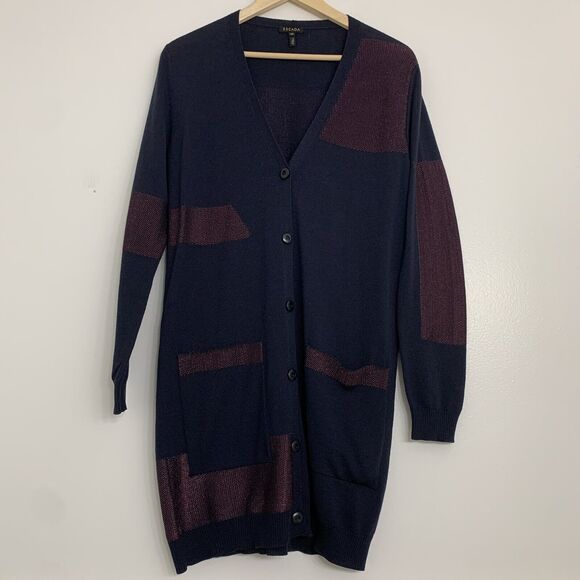 Escada Womens Medium Navy Wool Long Cardigan with Chainmail Accents Italy - Picture 6 of 7